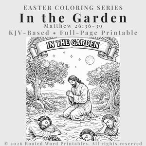 Könnte beinhalten: Schwarz-Weiß-Illustration einer religiösen Szene. Das Bild zeigt den Text "In the Garden" und zeigt eine Figur, die kniet und betet, mit anderen Figuren, die sich in der Nähe ausruhen. Die Szene spielt sich im Freien mit Bäumen und einem Nachthimmel ab.