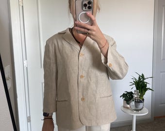 Talbots Women's Beige Linen Blazer – Classic Minimalist Office Jacket (Size 12)