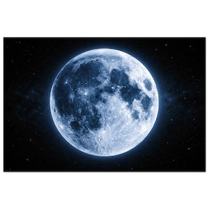 Könnte beinhalten: Detailliertes Bild des Mondes im Weltraum. Der Mond ist hellblau mit sichtbaren Kratern und Texturen. Der Hintergrund ist dunkelblau mit kleinen weißen Sternen.