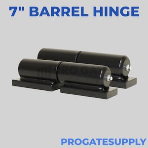 May include: Two black 7-inch barrel hinges. Each hinge has a cylindrical barrel shape and a rectangular base. The hinges are made of metal and are designed for heavy-duty use. The text "7" BARREL HINGE" is at the top of the image.