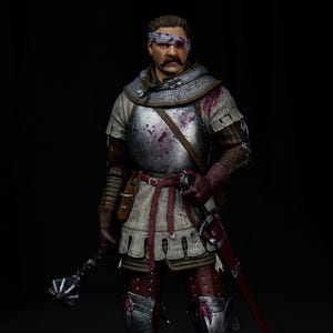 May include: A detailed figurine of a medieval knight in full armor, with a bloodied blindfold and splatters on the chest plate. The knight is holding a mace and a sword, standing on a wooden base. The text "REVERENTIA Art" is visible.