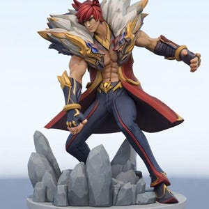 May include: A detailed figurine of a character with red hair, wearing a red and gold outfit with blue pants. The figure is posed on a rocky base, with a white and light blue background.
