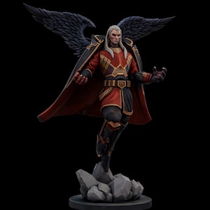 Puede incluir: Figura de un personaje alado con pelo blanco largo, vistiendo un atuendo rojo y negro con capa. La figura está posando en el aire, de pie sobre una base rocosa, con alas oscuras extendidas sobre un fondo negro.