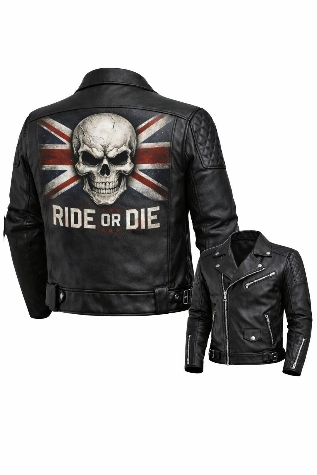Men's Skull Biker Leather Jacket – Black Moto Coat With Ride or Die ...