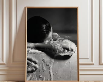 Vintage Bathtub Poster, Black and White Bathroom Decor Old Hollywood Glamour Art Moody Minimalist Portrait Retro Boudoir Photography
