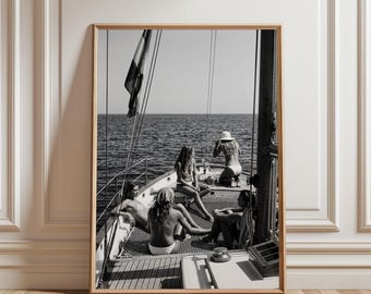 Póster de arte mural de yate Slim Aarons, decoración retro Riviera monocromática, fotografía costera de lujo, impresión de casa de playa de la alta sociedad