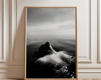 Naked Women in Water Print, Female Silhouette Wall Art Black and White Bathroom Decor Modern Aesthetic Figure Drawing Gift Idea