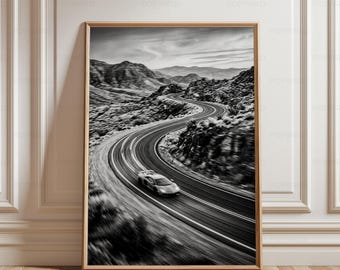 Supercar Winding Road Print, Black and White Motion Photography Sleek Automotive Art Masculine Modern Office and Living Room Decor