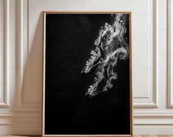 Quadro minimalista da parete con soggetto subacqueo, illustrazione sottomarina in bianco e nero, regalo per appassionati di immersioni, arredamento moderno a tema oceano per spazi contemporanei.