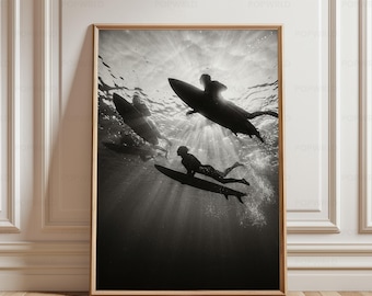Underwater Surfer Poster, Moody Ocean Wave Photography Coastal Gallery Wall Retro Beach House Decor Minimalist Monochrome Art