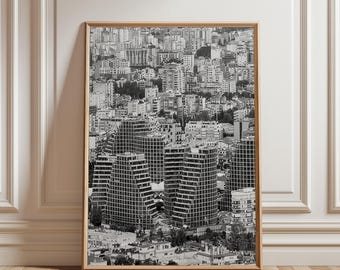Retro Cityscape Print, Bauhaus Urban Wall Art Mid Century Modern Decor Aesthetic Architectural Poster for Home Office Gallery Wall