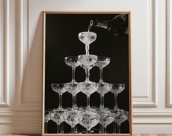 Champagne Flutes Print, Vintage Bar Wall Art Retro Alcohol Decor Minimalist Luxury Kitchen Poster Sophisticated Lounge Wall Decor
