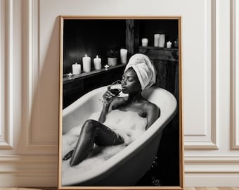Black Woman Bathing Wine Print, Afrocentric Bathroom Decor Minimalist Line Art Spa Aesthetic Gift for Her, Melanin Home Wall Art
