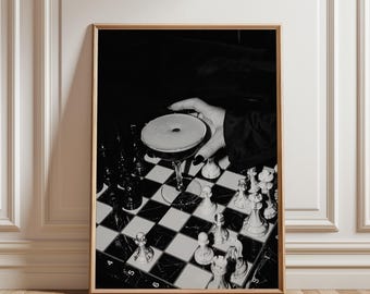 Espresso Martini Chess Print, Bar Cart Decor Modern Black and White Aesthetic Trendy Cocktail Wall Art Funky Minimalist Home Decor