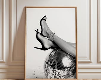 Disco Ball Heels Wall Art, Monochrome Fashion Illustration Chic Glam Room Decor Minimalist Aesthetic Poster for Gallery Walls