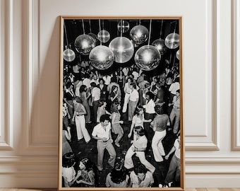 Disco Ball Wall Art, Monochrome Retro Print Boho Chic Mirror Decor 80s Theme Party Sign, Vintage Music Room Aesthetic