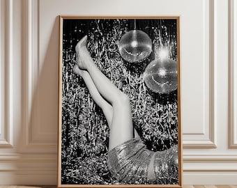 Vintage Disco Ball Wall Art, Black and White Fashion Poster Retro Glamour Decor 70s Chic Aesthetic, Monochrome Party Print