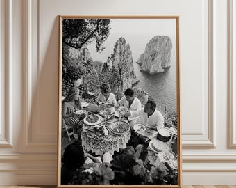 Capri Dining Al Fresco Print | Vintage Black and White Photography | Italian Riviera Wall Art | Mid Century Kitchen Decor Gift