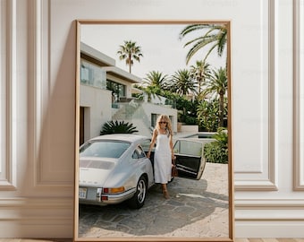 Vintage Porsche 911 Car Print, Mediterranean Summer Wall Decor Old Money Aesthetic Italian Riviera Poster, Luxury Travel Gift for Him