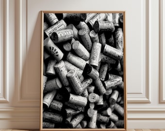 Wine Cork Poster, Alcohol Wall Art Black and White Bar Cart Print Monochrome Photography Sophisticated Home Decor