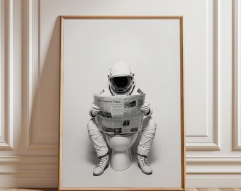 Astronaut Reading Newspaper on Toilet, Funny Bathroom Wall Art Surreal Space Decor Geeky Home Gift Modern SciFi Poster