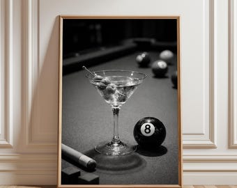 Martini on Billiards Table Poster, Lucky 8 Ball Wall Art Vintage Bar Cart Decor Retro Game Room Print for Pool Players