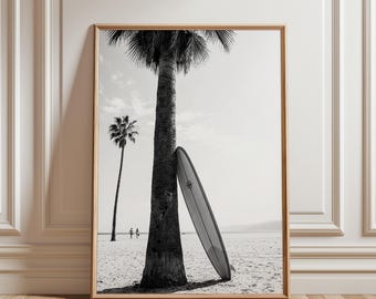 Black and White Surfboard Print, Vintage Beach Wall Art 70s California Decor Retro Surf Aesthetic Poster