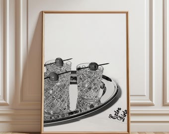 Extra Dirty Martini Poster, Minimalist Bar Cart Decor Modern Monochrome Cocktail Wall Art Sophisticated Mid Century Kitchen Print