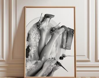 Luxury Bathtub Woman Art Print, Black and White Bathroom Decor Minimalist Feminine Portrait Modern Spa Wall Art