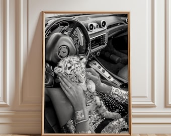 Cheetah in Car Wall Art, Monochrome Safari Decor Modern Animal Portrait Quirky Vintage Vehicle Illustration, Sophisticated Home Style