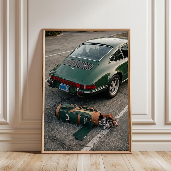 Classic Car Poster, Vintage Sports Car and Golf Bag Photo Print, Old Money Decor, Golf Gift for Him, Retro Garage Wall Art