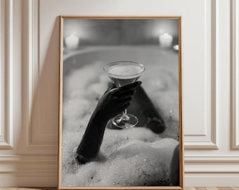 Wine in Bathtub Line Art, Bathroom Wall Decor Minimalist Cocktail Illustration Sophisticated Bar Cart Poster Witty Home Sketch