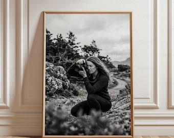 Monochrome Camera Girl Photography, Aesthetic Boho Wall Decor Minimalist Film Lens Imagery Scandinavian Interior Style Home Accent