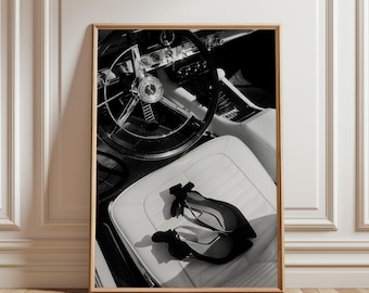Black and White Luxury Fashion Car Art, Stiletto Heels Interior Poster High End Lifestyle Decor Chic Office Wall Hanging