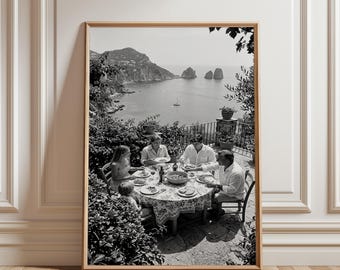 Capri Al Fresco Dining Poster Italian Riviera Wall Art Vintage Black and White Photography Mid Century Kitchen Decor