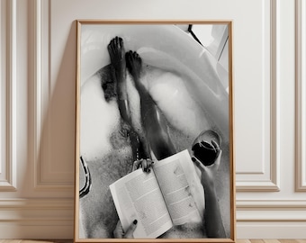 Woman Reading in Bathtub Wall Art Minimalist Line Drawing Modern Spa Decor, Feminine Boho Illustration, Self Care Aesthetic Poster