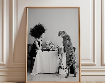 Feminist Fashion Print, Surreal Cheetah Dinner Poster Black and White Wall Art Vintage Photographic Collage, Dining Room Decor Gift