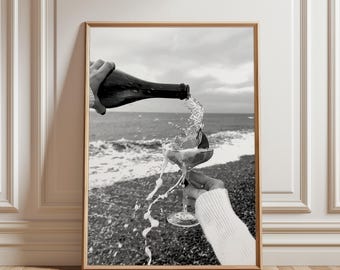 Cocktail Beach Photography, Minimalist Black and White Art Tropical Bar Cart Decor Modern Coastal Lounge Wall Gallery Poster