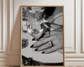 Cocktail Bar Cart Print, Monochrome Typography Poster Minimalist Kitchen Wall Art Modern Home Decor Sophisticated Apartment Decor