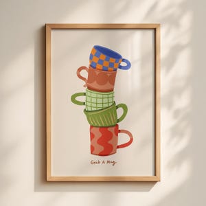 Colorful Coffee Mug Stack Print, Kitchen Cafe Wall Art | Modern Boho Decor | Trendy Drink Illustration, Coffee Bar Sign Digital Download