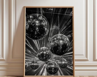 Disco Ball Wall Art, Minimalist Monochrome Poster 70s Retro Aesthetic Decor Modern Mid Century Gallery Wall, Groovy Home Accessory