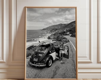 Vintage Coastal Road Trip Print, Black and White Surf Car Art Mid Century Travel Photography Surfer Beach House Decor