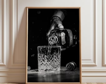 Whiskey Poster, Black and White Bar Cart Print Modern Minimalist Wall Art Masculine Home Decor, Industrial Liquor Room Sign