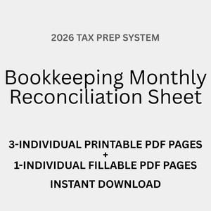 Bookkeeping Monthly Reconciliation Sheet 2026 | Monthly Reconciliation Tracker | Printable PDF + Fillable PDF