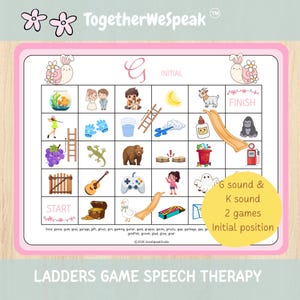Op de afbeelding: Een roze omlijst spraaktherapiespelbord met illustraties voor de klanken 'G' en 'K'. Het bord bevat afbeeldingen zoals een geit, gitaar en druiven, met labels 'Start' en 'Finish'. De tekst luidt 'LADDERS GAME SPEECH THERAPY'.