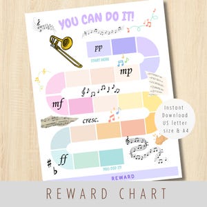 Könnte beinhalten: Ein Belohnungsplan mit Musikthema, der einen geschlängelten Pfad aus bunten Feldern und den Text YOU CAN DO IT! oben zeigt. Das Blatt enthält Illustrationen einer Posaune, Noten, Notenlinien sowie Dynamikbezeichnungen wie pp, mp, mf und ff.