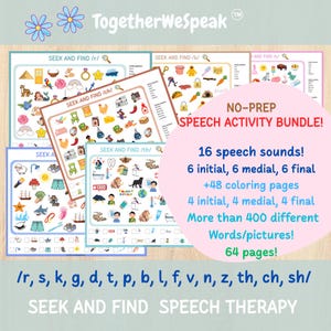 May include: A speech therapy activity bundle featuring multiple Seek and Find worksheets with colourful illustrations for 16 speech sounds. The set includes 64 pages with 48 colouring pages and over 400 words and pictures for initial, medial, and final sounds.