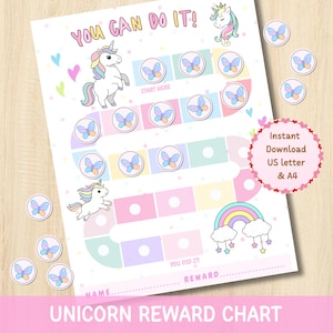 May include: A printable unicorn reward chart featuring the text YOU CAN DO IT! and YOU DID IT! The chart includes a path of pastel-colored squares with butterfly icons, two unicorn illustrations, a rainbow, and separate butterfly tokens.