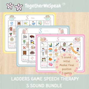 May include: Three speech therapy game boards for the S sound, featuring initial, medial, and final positions. Each board includes a grid with colorful illustrations, a start and finish point, and ladders. A circular label reads S sound Initial Medial Final position 3 games.