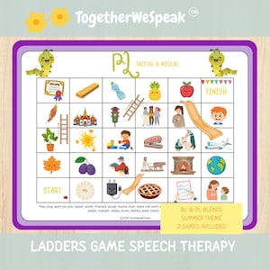 Zomerthema-logopedie, spel met glijbanen en ladders voor articulatieoefeningen, PL- en BL-melanges. Inclusief 2 spellen. Afdrukbare pdf-bestanden.